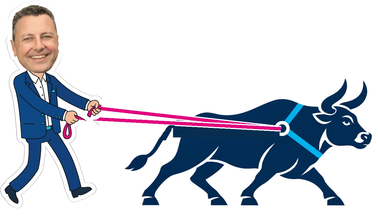 Reto und der Ochsentour-Ochse, verbunden durch die pinke Leine